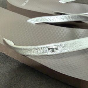 TORY BURCH, Silver and Brown Flip Flops